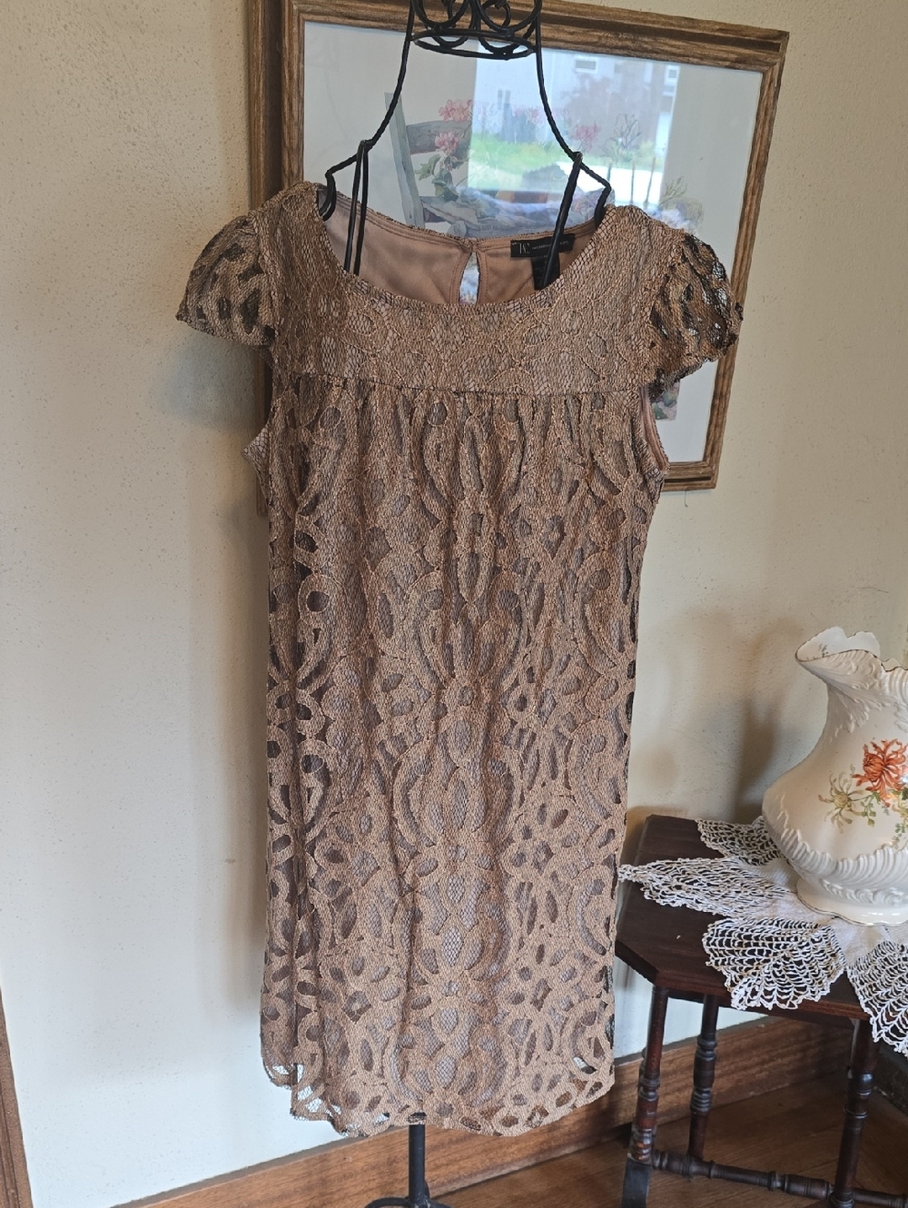 INC International Concepts Metallic Gold Lace Midi Dress with Cap Sleeves
